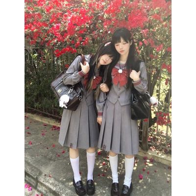 LBTUPR 水玉中间服灰色红襟线水手服原创JK制服套装女装