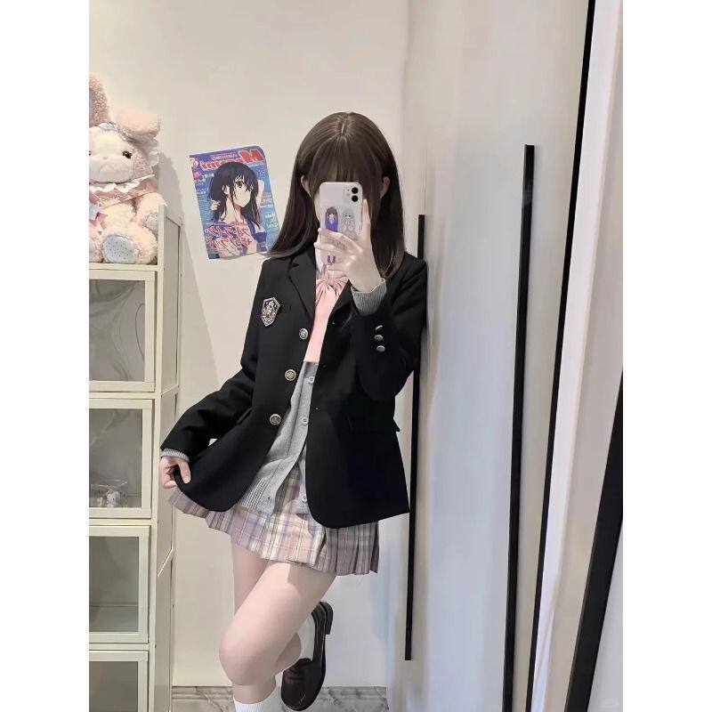 日系学院风JK制服套装裙校供感黑色西装外套小个子原创西服秋冬女