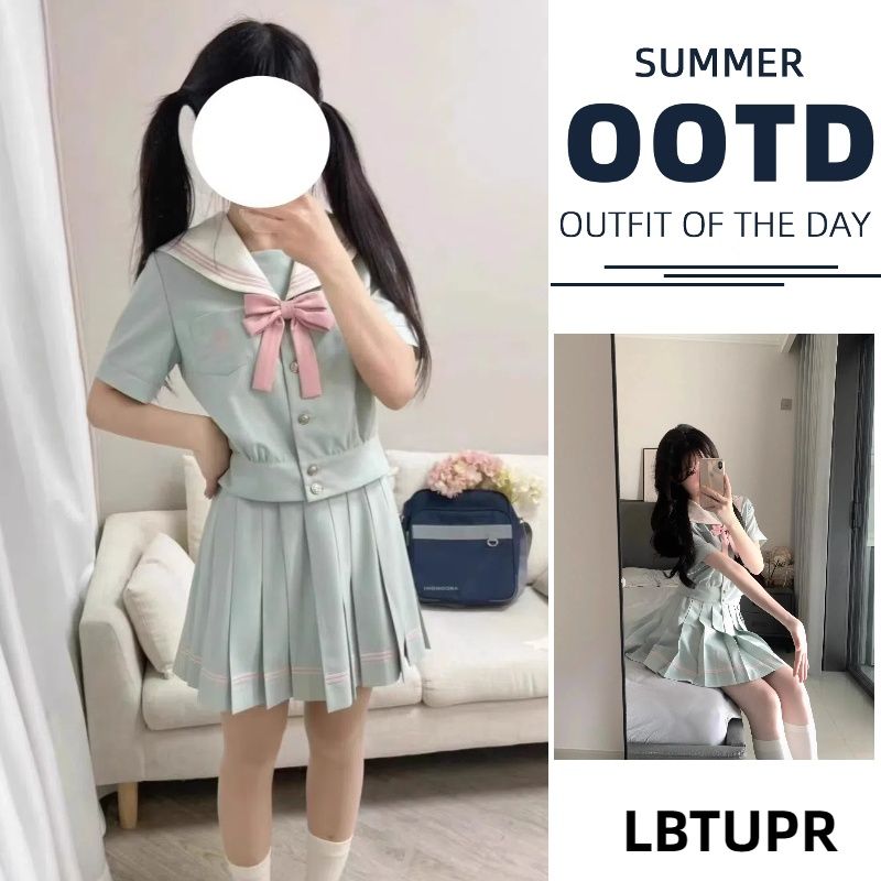 LBTUPR 薄荷蓝绿色水手服jk制服海军领蝴蝶结学院风百褶短裙套装