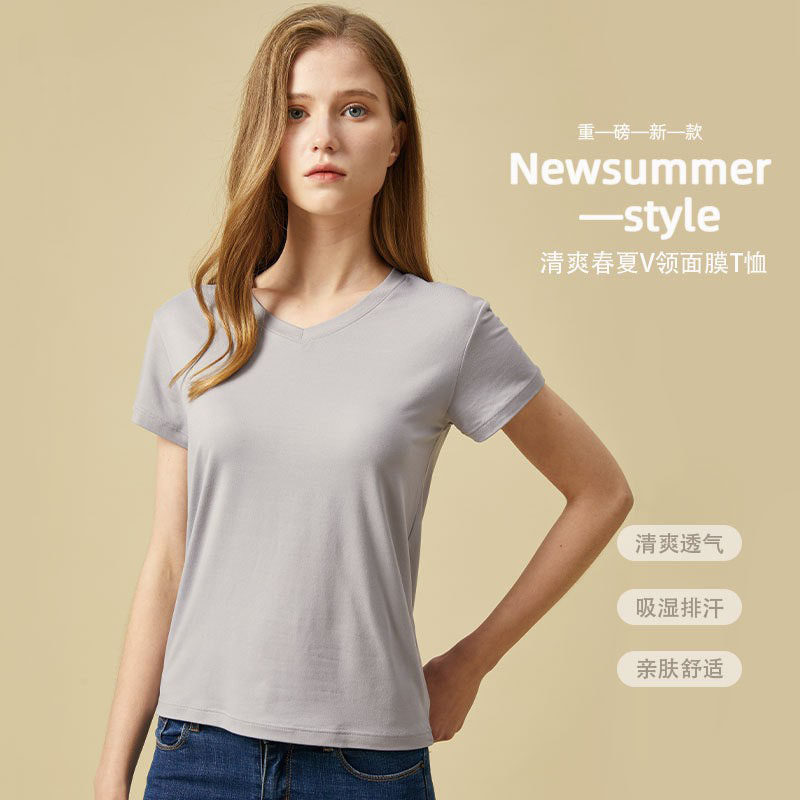 春夏新款纯色薄款短袖女士面膜V领T恤修身针织内搭黑白灰三件装