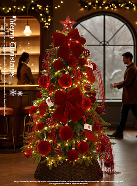 圣诞装饰红色植绒球绒布球蝴蝶结圣诞树套餐PE混合加密发光圣诞树