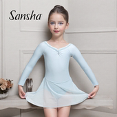 裙雪纺V领蕾丝连体服裙 儿童舞蹈服长袖 sansha 三沙芭蕾舞练功服
