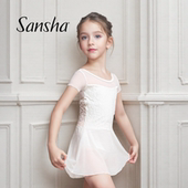 芭蕾舞服轻薄豹纹带裙连体练功服 短袖 sansha 三沙儿童舞蹈裙子女