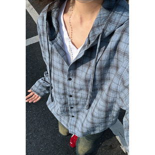 小青少年格子衬衫连帽防晒衣男尼妮家格纹衬衣外套街头嘻哈潮流力