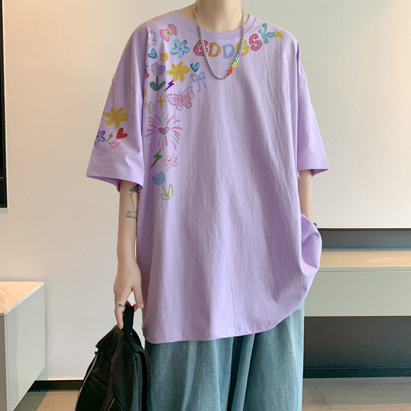 小青少年手绘涂鸦花卉蝴蝶印花短袖T恤泥妮家慵懒风宽松体恤潮力