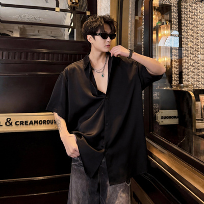 小青少年冰丝纯色短袖衬衫泥家白衬衣男妮力痞帅黑色上衣街头潮流