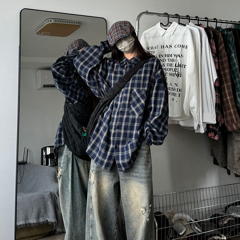 小青年妮家磨毛格子衬衫男妮力官方复古宽松长袖衬衣外套街头嘻哈