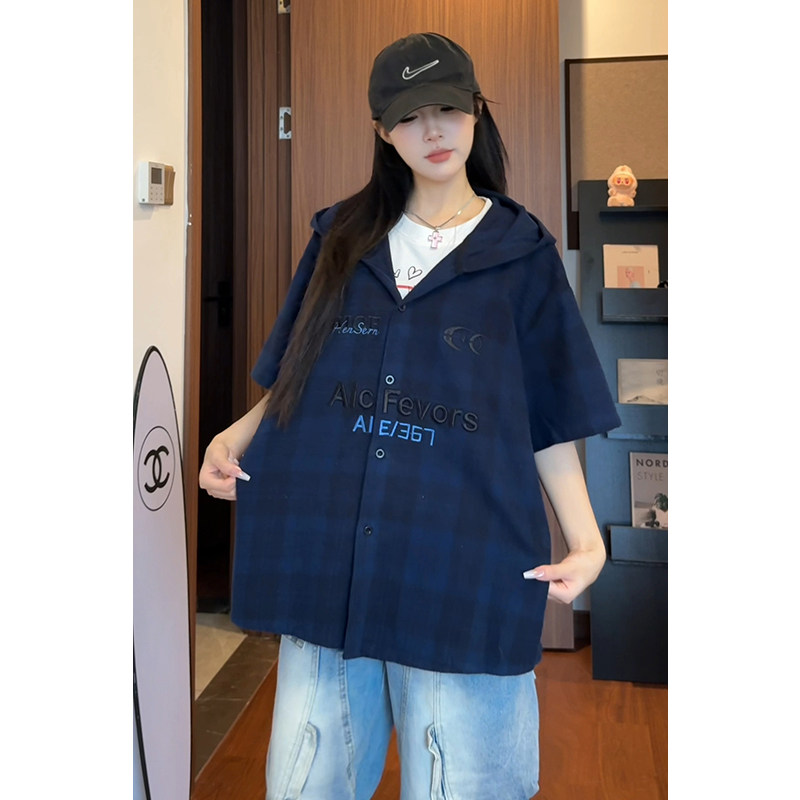 小青少年尼妮家重磅格子短袖连帽衬衫男女街头嘻哈潮流力衬衣外套