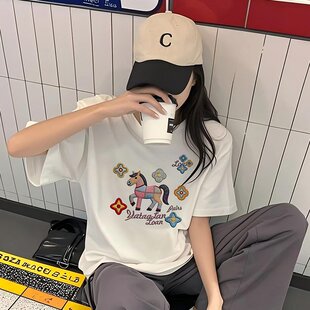 小青少年卡通小马印花短袖 T恤潮流力 上衣尼妮家白色纯棉圆领半袖