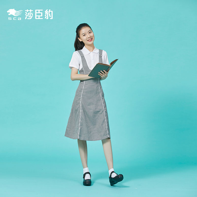 深圳校服莎臣豹正品中学生女生夏季礼服连衣裙白色格子高级版