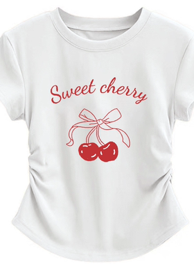 白色修身短袖正肩女t恤夏新款设计感小众红色樱桃甜美收腰上衣女