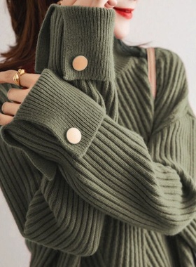 半高领设计感袖口羊绒针织衫新年红色毛衣女秋冬新款慵懒百搭上衣