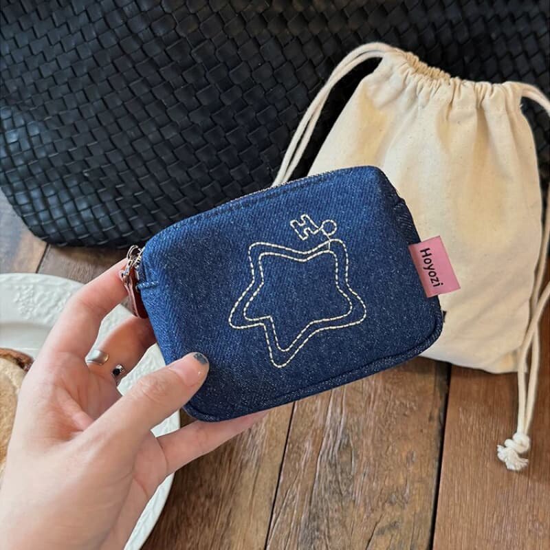 日系牛仔星星零钱包可爱少女心小包包多功能卡包耳机收纳袋