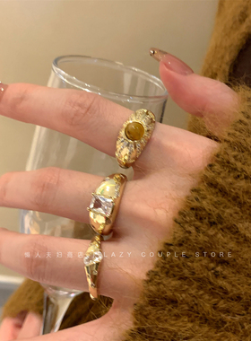 中古美拉德金色虎眼石高级感复古港风开口戒指女小众轻奢叠戴指环
