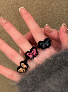 甜酷风黑色植绒蝴蝶彩色滴釉戒指女可爱小众高级感指环2024年新款