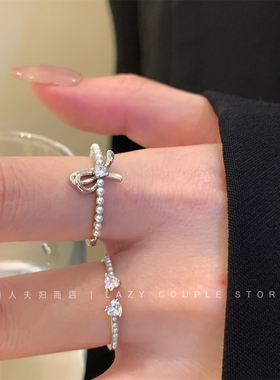 超闪锆石蝴蝶结珍珠戒指