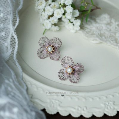 手工钩花编制紫色大花耳钉耳环