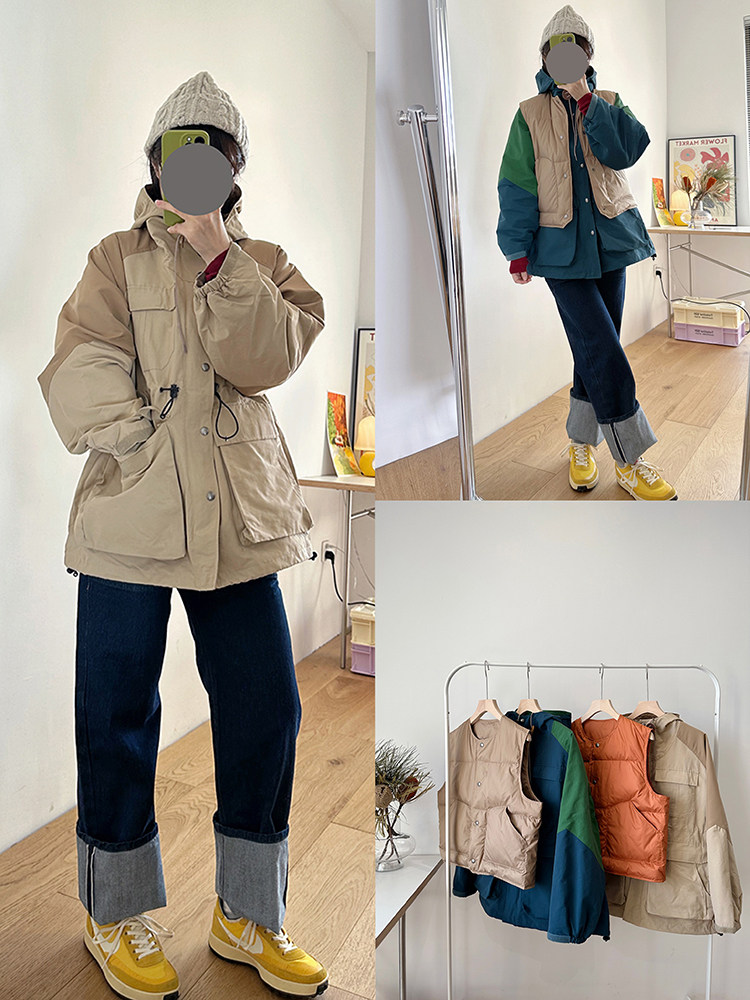 大爱自留Js户外山系拼色连帽冲锋衣白鹅绒三合一羽绒服2件套