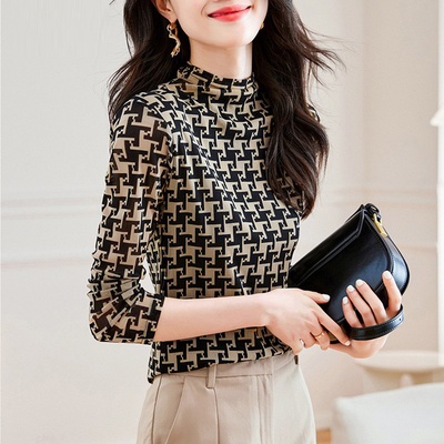 半高领千鸟格打底衫女长袖