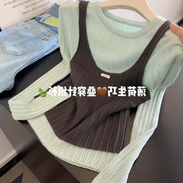 假两件撞色圆领针织衫女秋