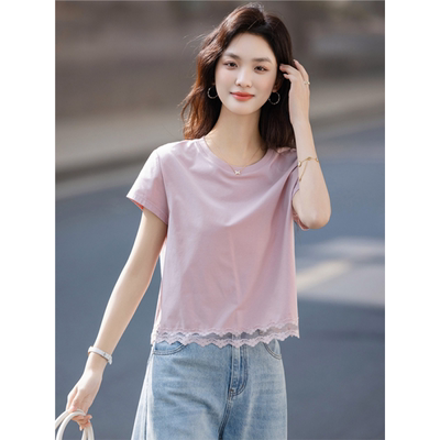 圆领蕾丝花边拼接短袖T恤夏季
