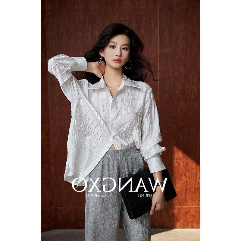 奥特莱斯专柜正品清仓女装立体水波纹压皱肌理宽松翻领长袖衬衫秋