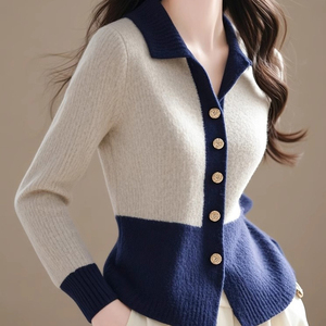 奥特莱斯专柜正品尾货清仓撞色翻领长袖针织开衫女秋冬季内搭小衫