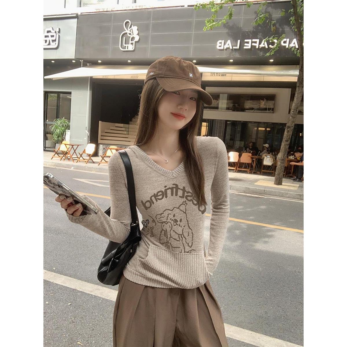 连帽针织打底衫女春秋冬季V领