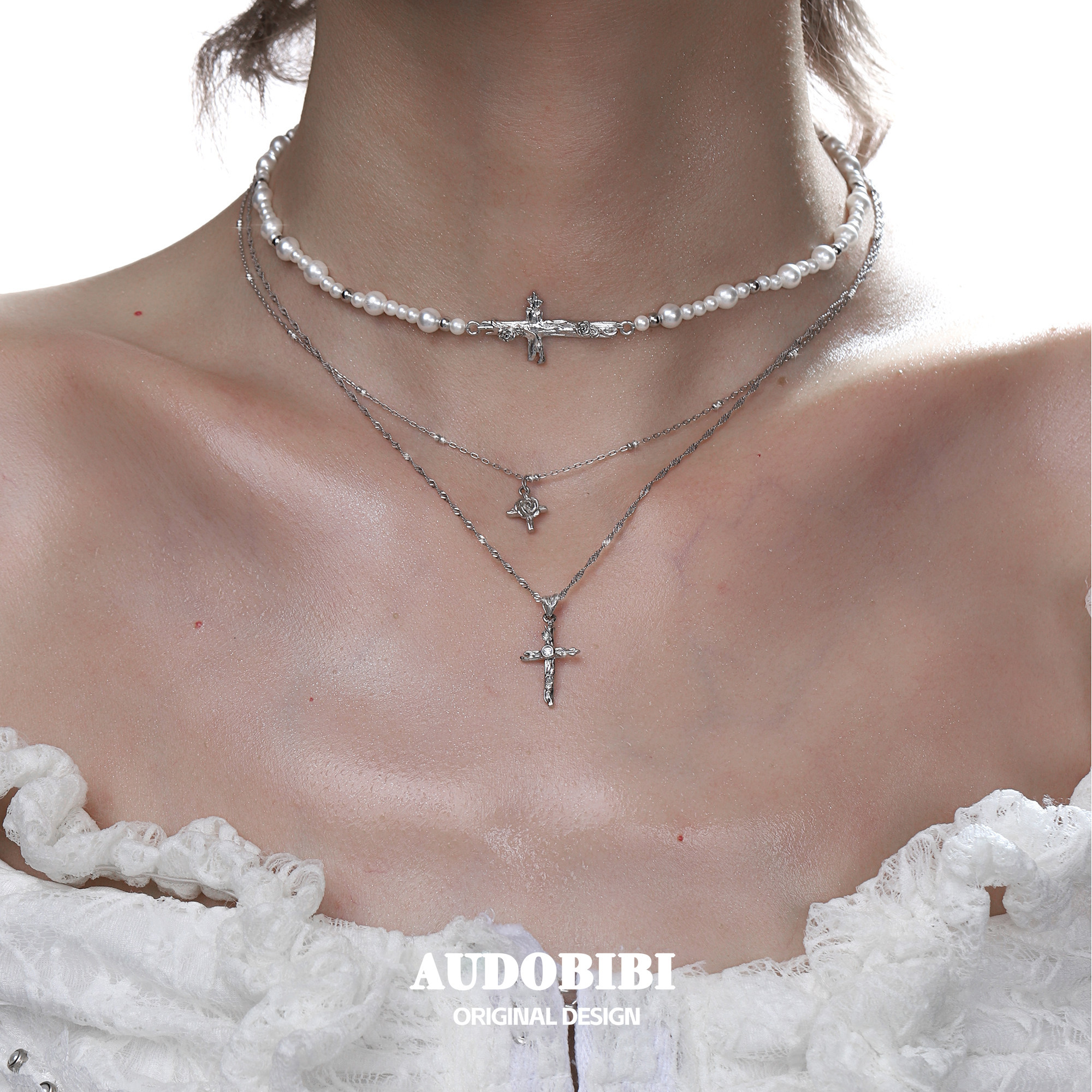 绝美气质 原创925纯银双层项链叠戴玫瑰十字架珍珠chocker颈链女