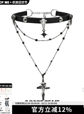 渡鸦系列原创小众设计皮项圈叠带高级双层十字架项链乌鸦chocker