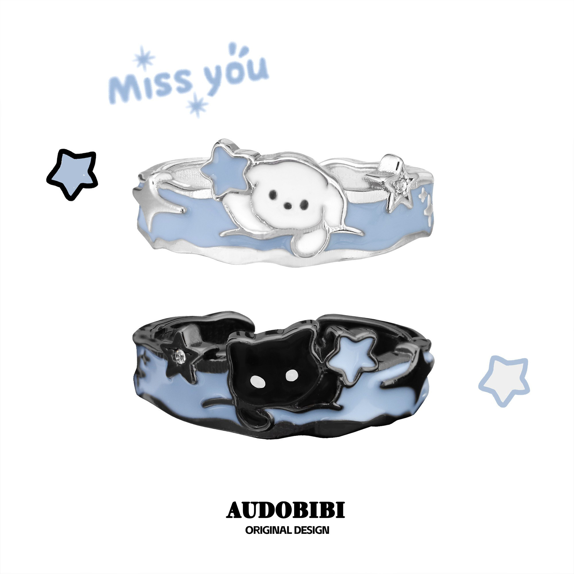 AUDOBIBI925银小猫小狗情侣对戒