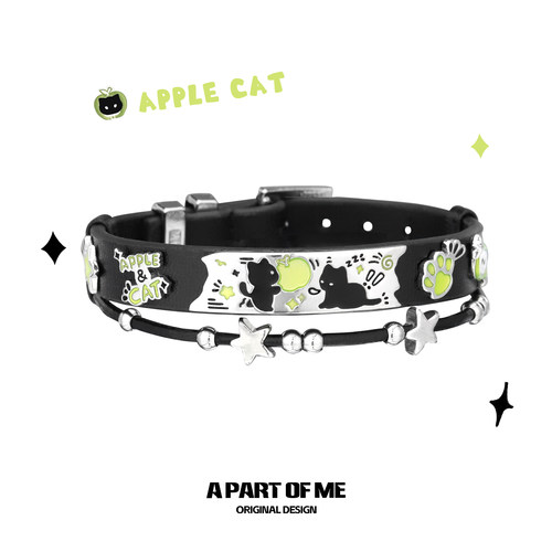 敲可爱！黑猫青苹果手链新款原创小众设计甜酷皮革手环手镯