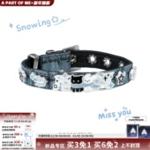 原创雪地黑猫小白狗手链小众设计甜酷蓝色皮革手环手镯 可爱辣妹