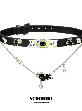 原创黑猫青苹果叠戴项链皮革项圈小众chocker辣妹y2k锁骨链