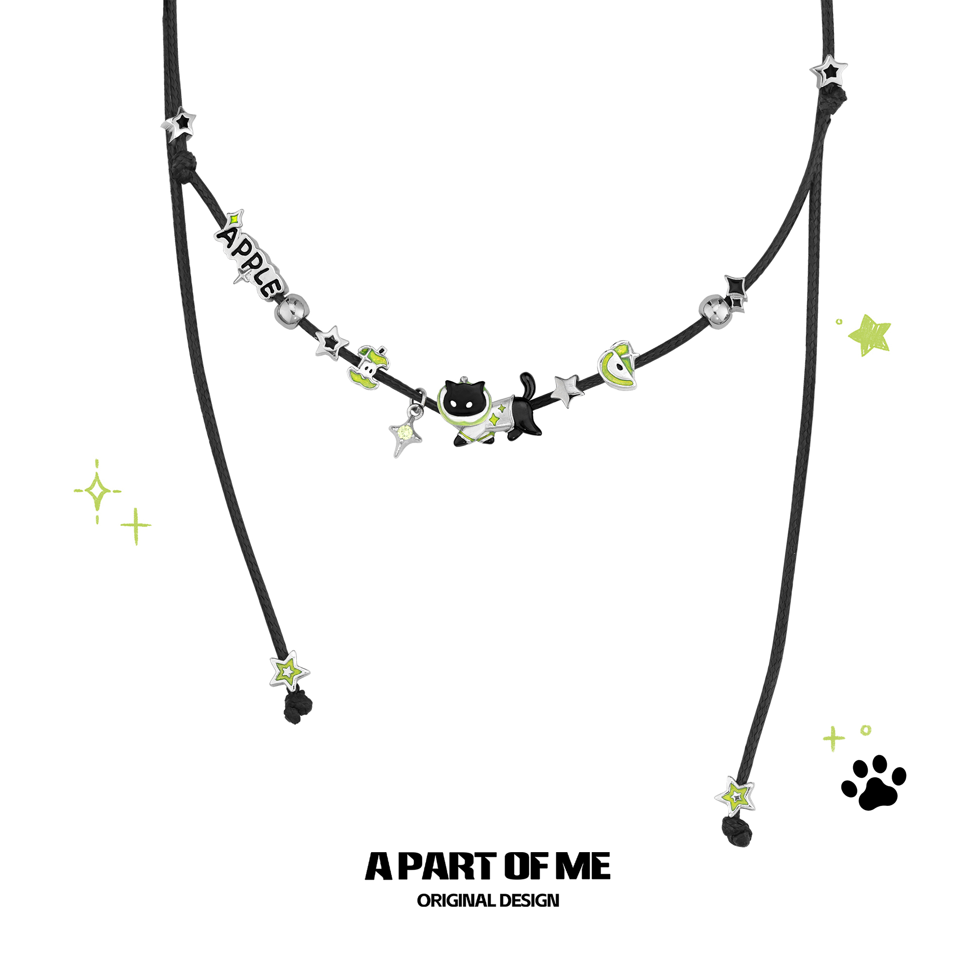 敲可爱！原创黑猫青苹果皮绳项链长款choker抽拉黑绳颈链多种戴法