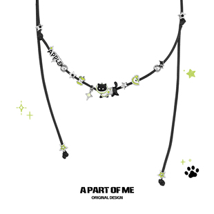 敲可爱 choker抽拉黑绳颈链多种戴法 原创黑猫青苹果皮绳项链长款