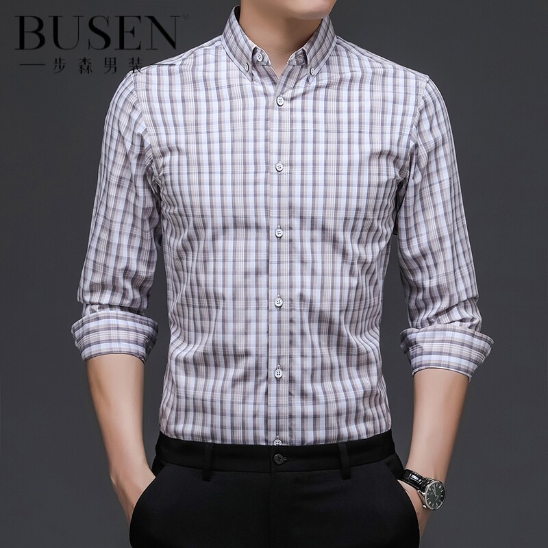 步森男士休闲纯棉长袖衬衣春秋季薄款上衣宽松时尚潮流格子衬衫潮