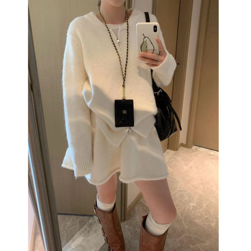 [香蕉派派]格雷系~双拉链毛衣短裙套装女秋新款气质温柔两件套