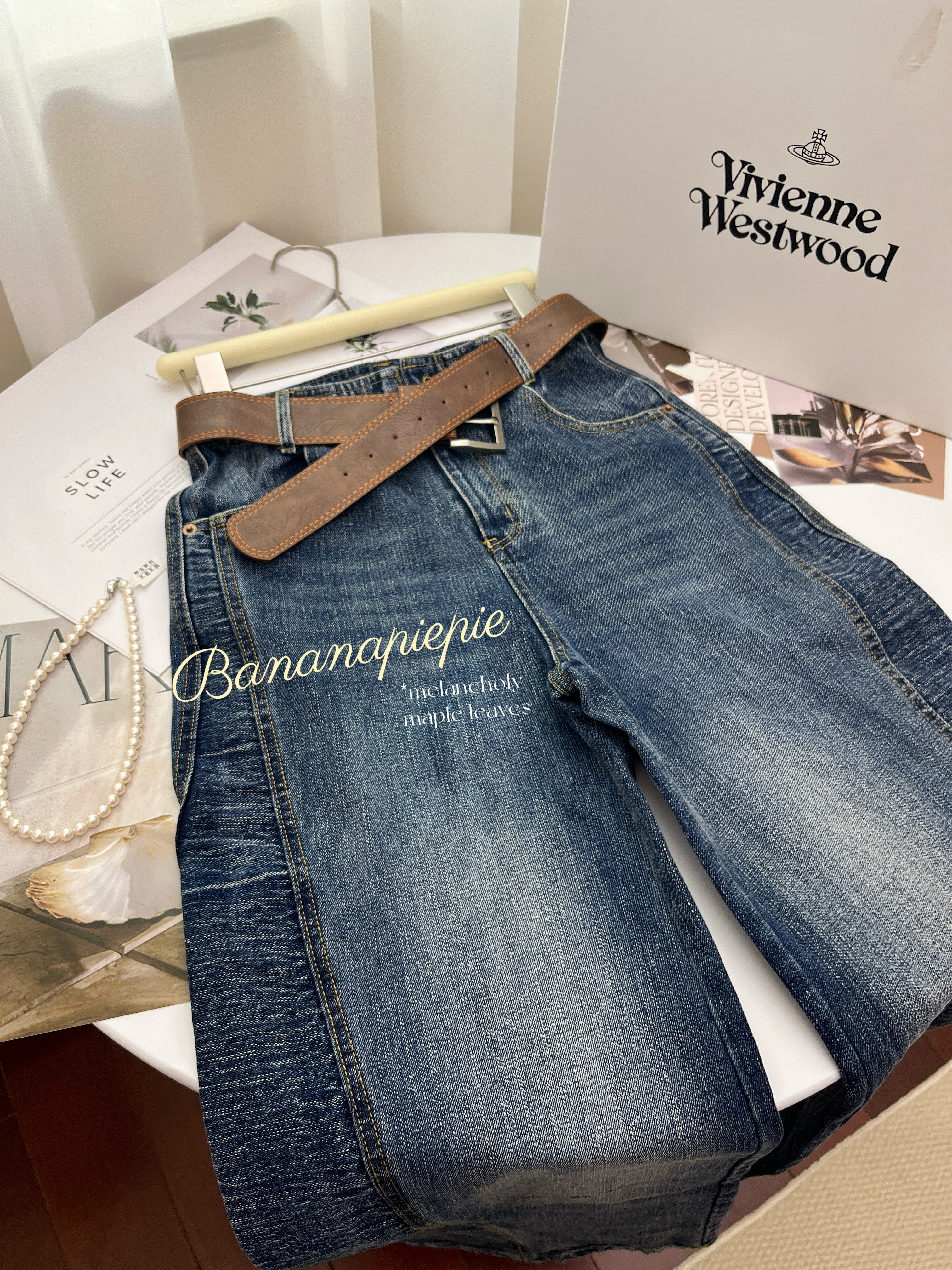 [香蕉派派]港风复古水洗蓝色弯刀牛仔裤子女早春2025新款垂感休闲,女装/女士精品,牛仔裤,淘宝优惠券,粉丝福利购,淘宝优惠卷