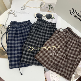 女百搭阔腿裤 磨毛棉复古格子慵懒风宽松显瘦休闲裤 香蕉派派