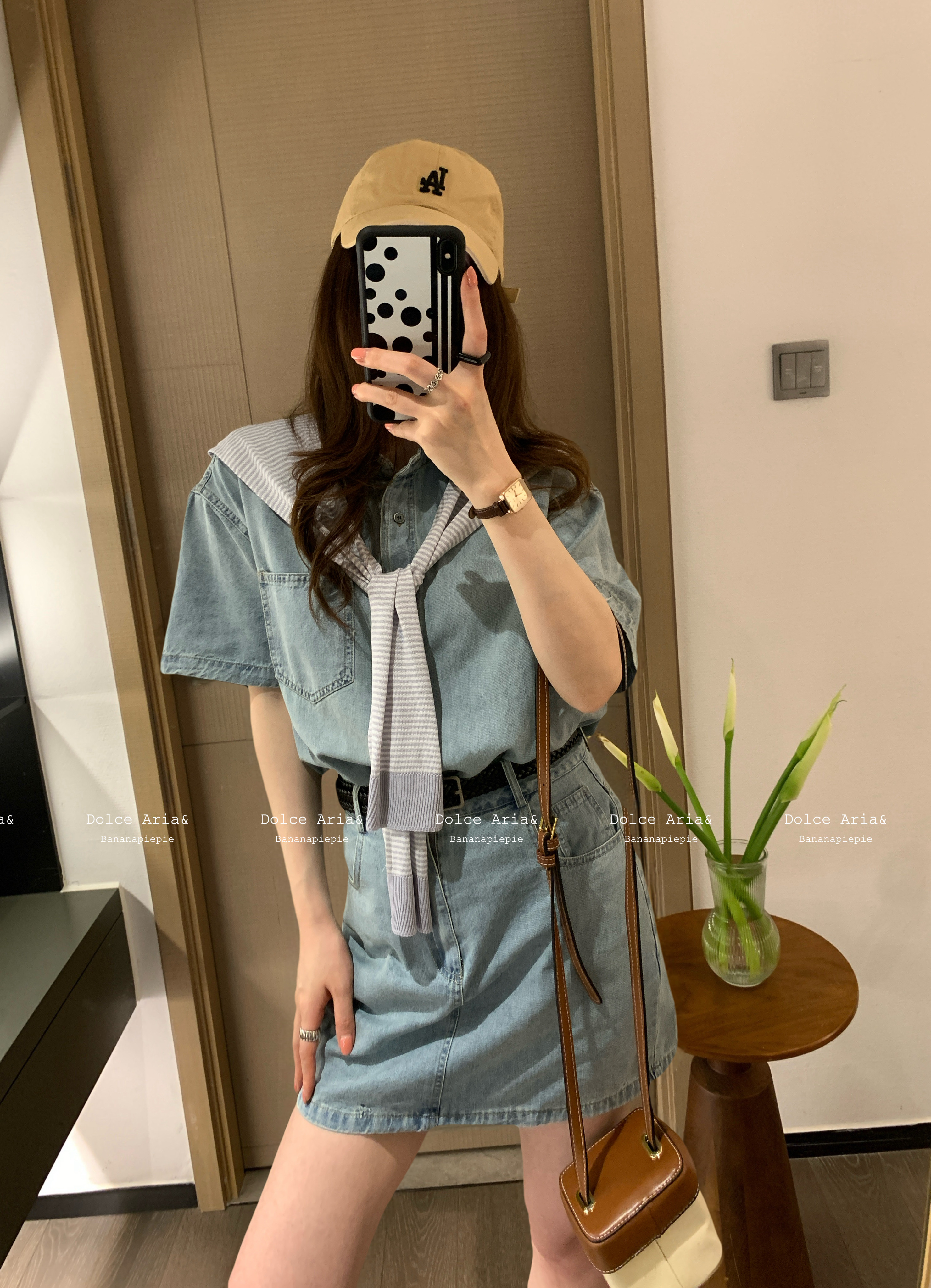 [香蕉派派]miu系牛仔短裙套装条纹披肩夏日慵懒感休闲显瘦藏肉