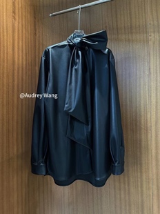 大领结休闲皮衬衫 AW2023冬季 复古时尚 原创小众设计重工款 女 新款