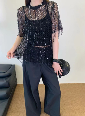 AW原创设计师2024夏季新款百搭显瘦卫衣重工蕾丝流苏拼接镂空上衣