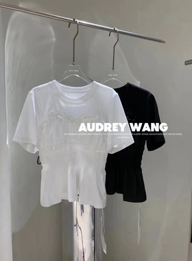 AW2024夏季新款白色花边拼接褶皱收腰圆领简约轻薄透气短袖T恤女