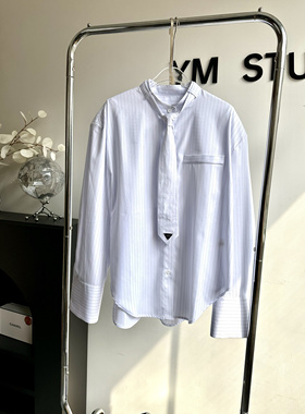 AW2024早春新款设计感小众别致慵懒风拼接条纹长袖衬衫女小众设计