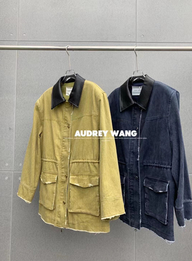 AW2024春季新款小众设计撞色拼接大口袋工装风宽松抽绳牛仔外套女