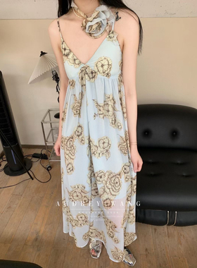 AW法式气质名媛高端精致女神范海边度假印花吊带连衣裙2024夏季女