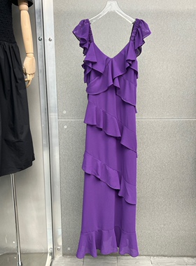 YM法式小众2023夏季新款纯色优雅不规则荷叶边显瘦V领连衣裙女