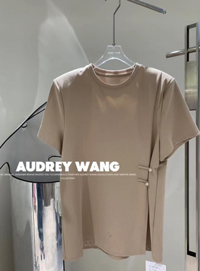 AW新中式纯棉开叉盘扣短袖t恤女2024夏季新款显瘦遮肉正肩上衣