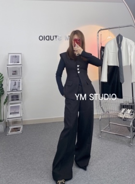 清仓不退换YM2023春季新款小众原创收腰V领马甲阔腿裤套装女